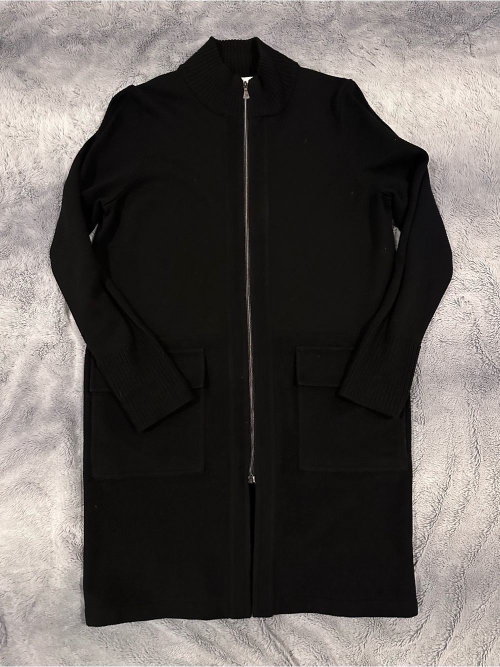 Etcetera Black Zip-Front Long Trench Coat With Pockets Wool Cashmere Blend M